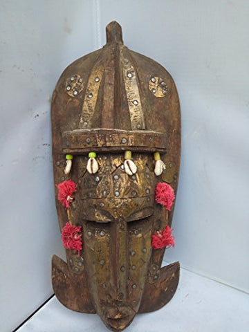 Antique Beaded Bambara Mask With Brass plates and Cowery Shells from Mali West Africa 13'' by 6''