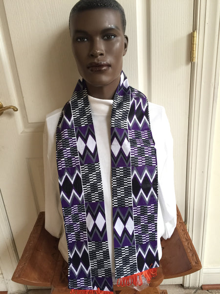 Kente Print Black and White Stole With Orange Tassels