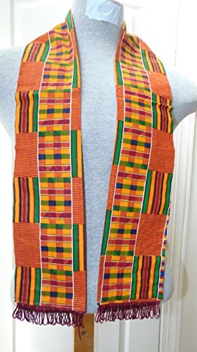African Kente Orange/Green Colors with Burgundy Tassels