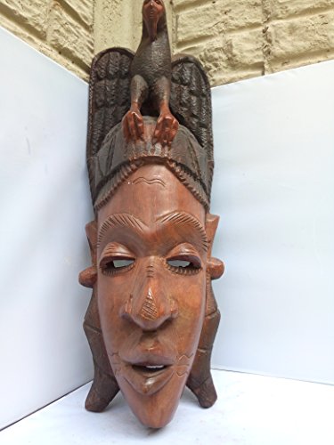 Rare & Unique Mahagany Wood Fulani Mask With Eagle From Guinea 24x8 in