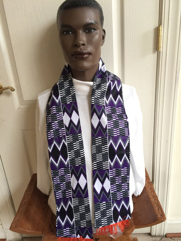 Kente Print Black and White Stole With Orange Tassels