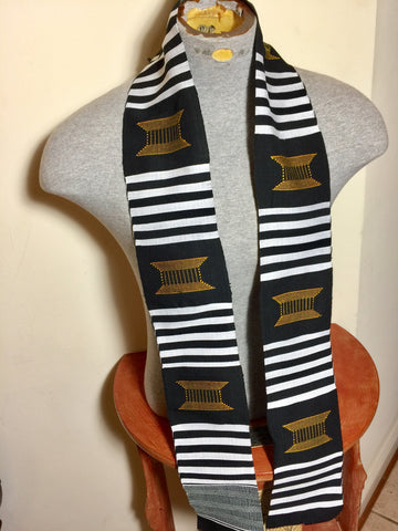 Kente Black/White And Gold Handwoven Stole Ghana