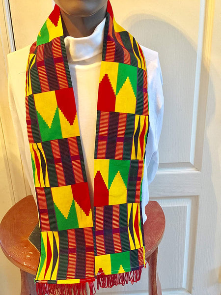 African Kente Cloth print Scarf Stole Bright Yellow With Red Tassels