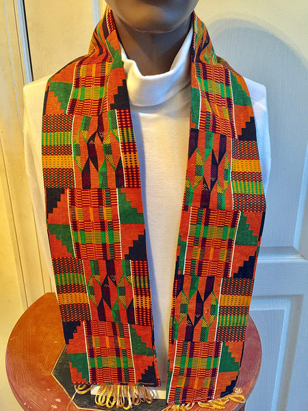 African Kente Cloth print Scarf Stole Green With Gold Tassels