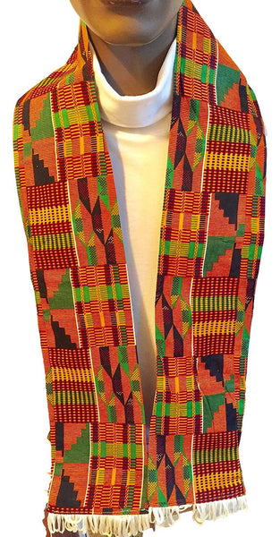 African Kente Cloth print Scarf Stole Green With Silver Tassels