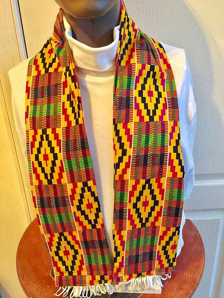 African Kente Cloth print Scarf Stole Bright Yellow With WhiteTassels