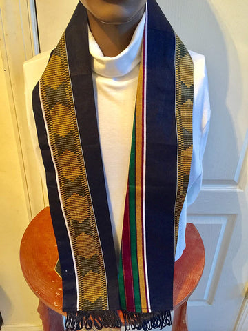 African Kente Cloth print Scarf Stole Black With Black Tassels