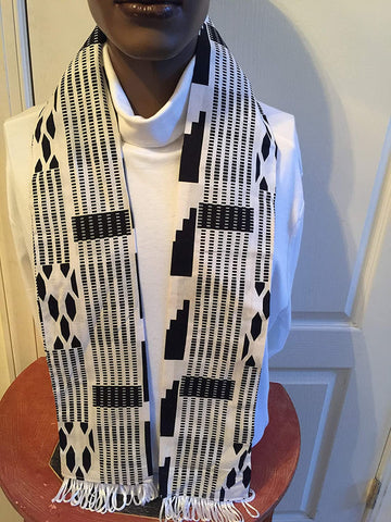 African Kente Cloth print Scarf Stole White & Black With White Tassels