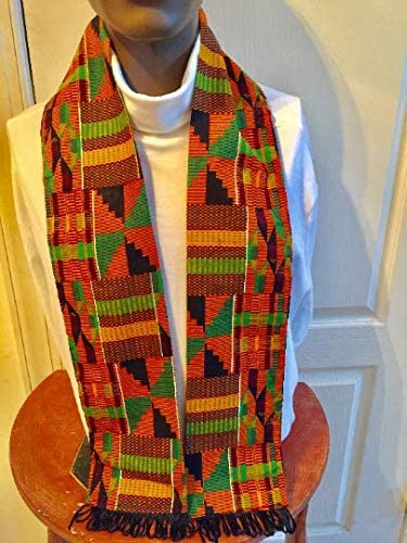 African Kente Cloth print Scarf Stole Green with Black Tassels