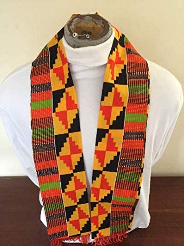 African Kente Cloth print Scarf Stole With Orange Tassels