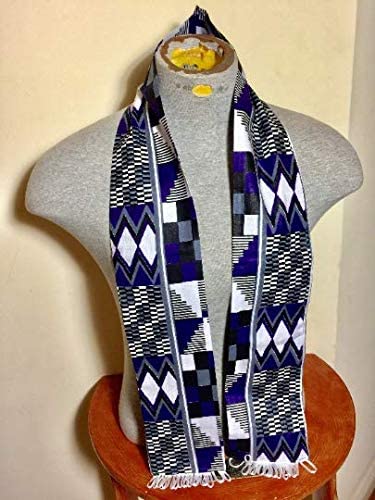 African Kente Cloth print Scarf Stole Blue With White Tassels
