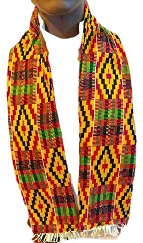African Kente Cloth print Scarf Stole Orange With White Tassels