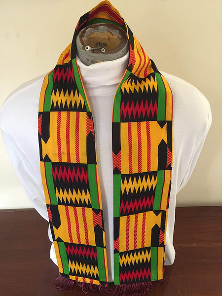 African Kente multi color Print Stole With Burgundy Tassels