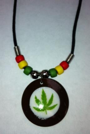 Weed Leaf Pendant With Rasta Black Cord Necklace